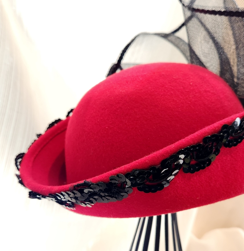 Red Felted Wool Hat with Black Sequin Trim and Black Netting - Picture 3 of 7